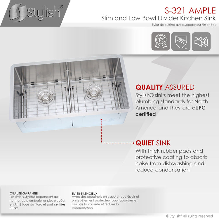 32 L x 18 W-inch Undermount Low Divider Double Bowl 50/50 16G Stainless Steel Sink  Grids, Strainers