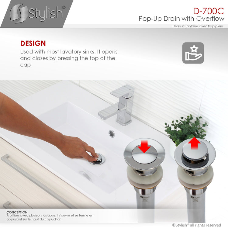 Bathroom Vanity Sink Pop-Up Drain with Overflow in Polished Chrome