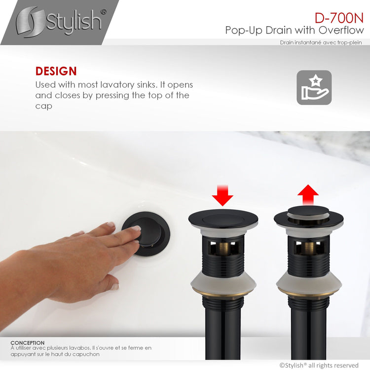 Bathroom Vanity Sink Pop-Up Drain with Overflow in Matte Black