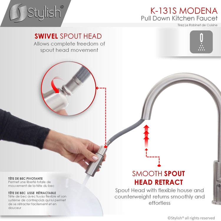 Stylish - Modern Single Handle  Pull down Sprayer  Kitchen Faucet in Stainless Steel