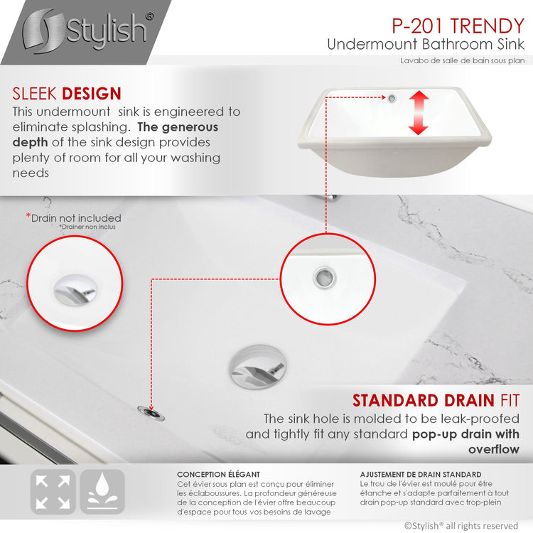 Porcelain Rectangular 18 inch Undermount Bathroom Sink with Overflow