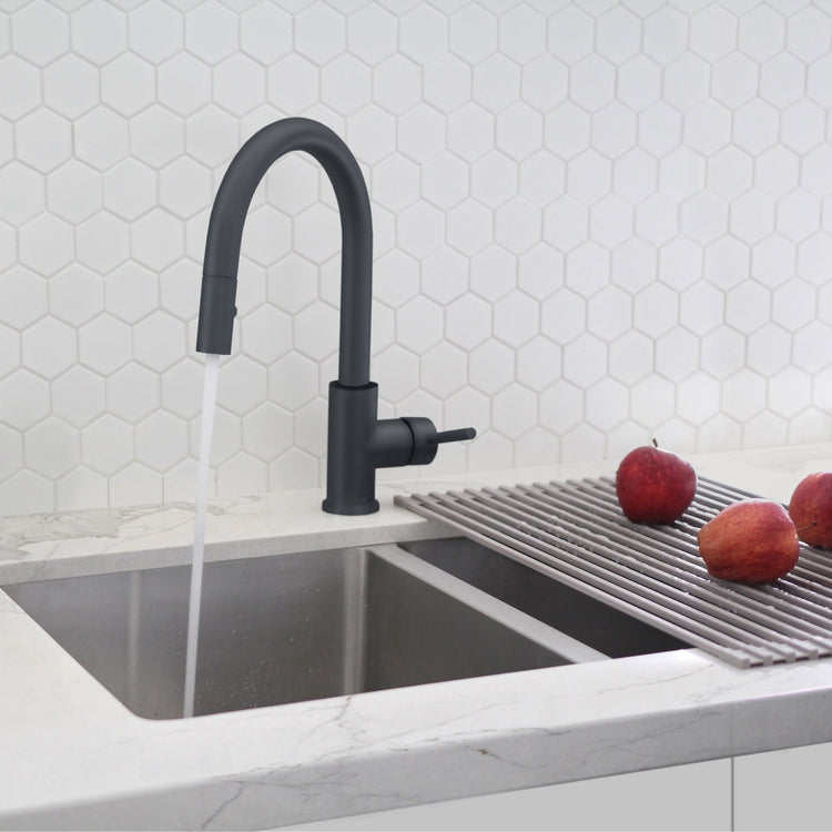 Stylish - Modern Single Handle  Pull down Sprayer  Kitchen Faucet in Matte Black Stainless Steel