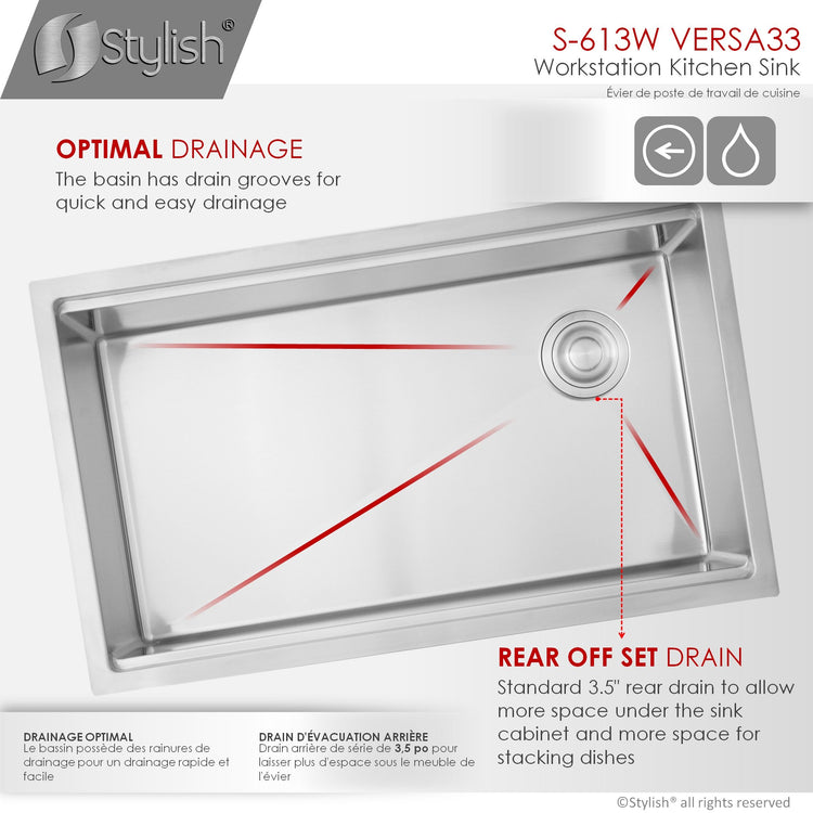 33 L x 19 W-inch Undermount Single Bowl 16G Kitchen Sink Workstation with Accessories Included