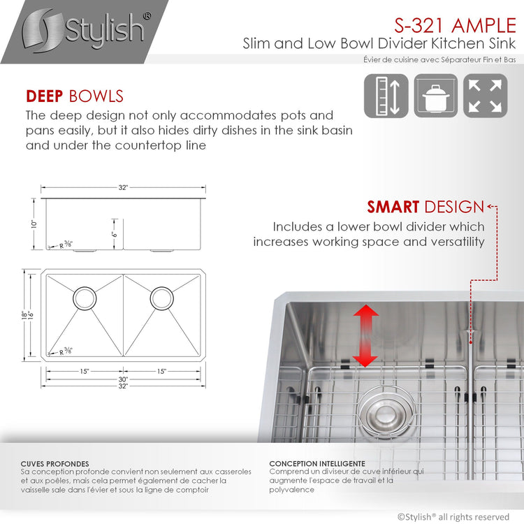 32 L x 18 W-inch Undermount Low Divider Double Bowl 50/50 16G Stainless Steel Sink  Grids, Strainers