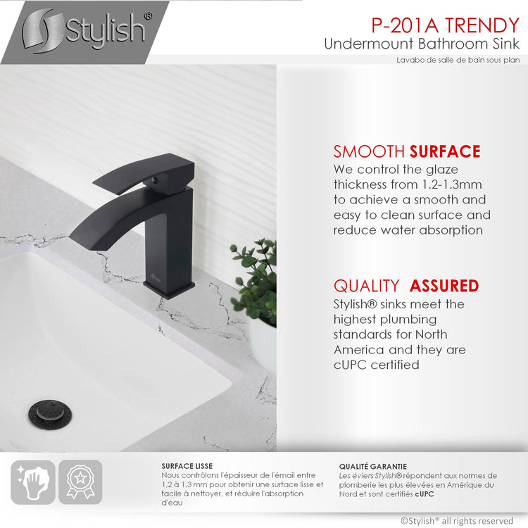 Porcelain Rectangular 18 inch Undermount Bathroom Sink with Matte Black Overflow