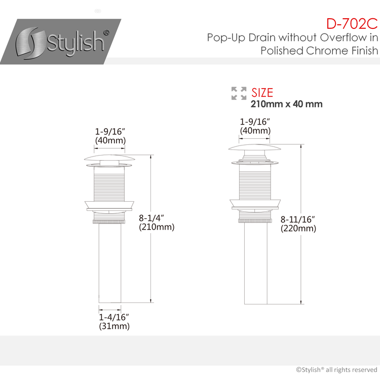 Bathroom Vanity Sink Pop-Up Drain without Overflow in Polished Chrome Finish