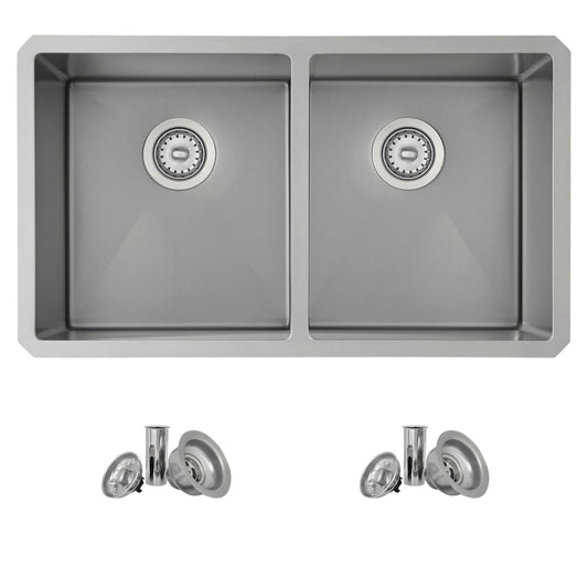 32 L x 18 W-inch Undermount Double Bowl 16G Stainless Steel Kitchen Sink with Strainers Pearl Silver