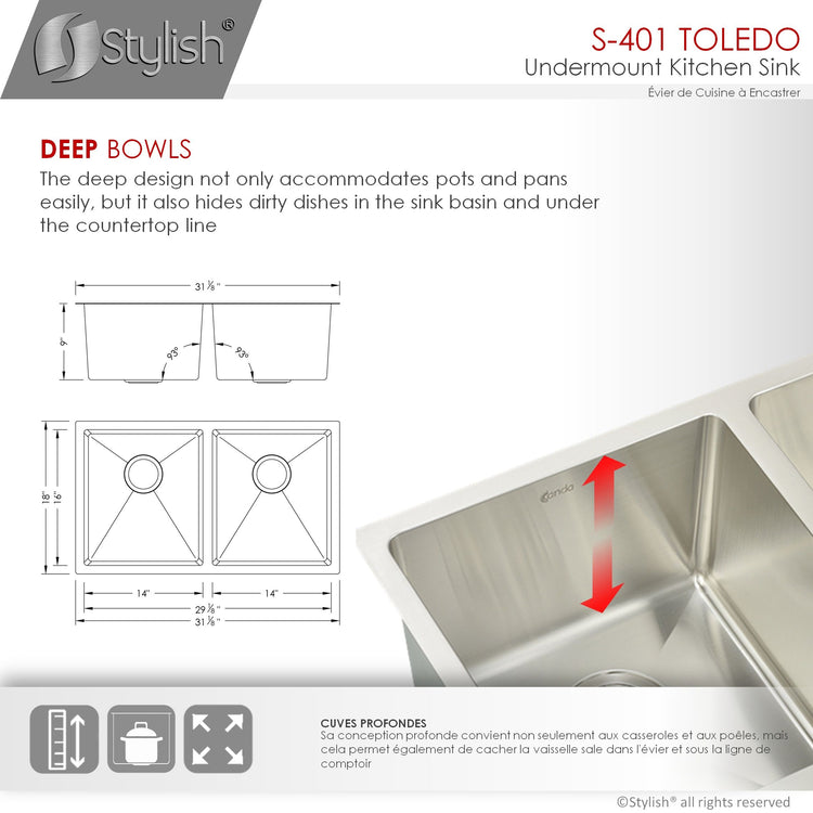 31L x 18W-inch Undermount Double Bowl 18 Gauge Stainless Steel Kitchen Sink with Grids and Strainers