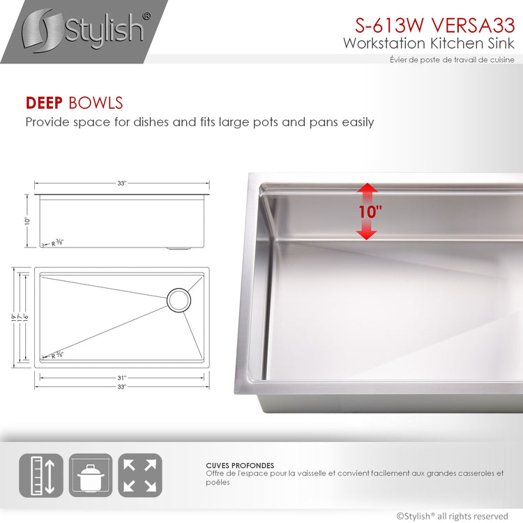 33 L x 19 W-inch Undermount Single Bowl 16G Kitchen Sink Workstation with Accessories Included