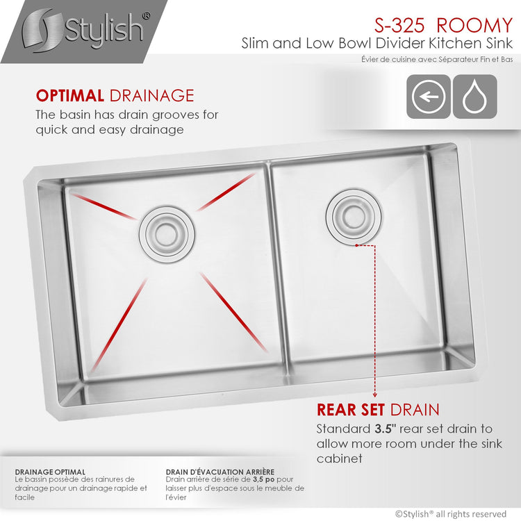 32L x 18W-inch Undermount Low Divider Double Bowl 60/40 16G Stainless Steel Sink  Grids, Strainers