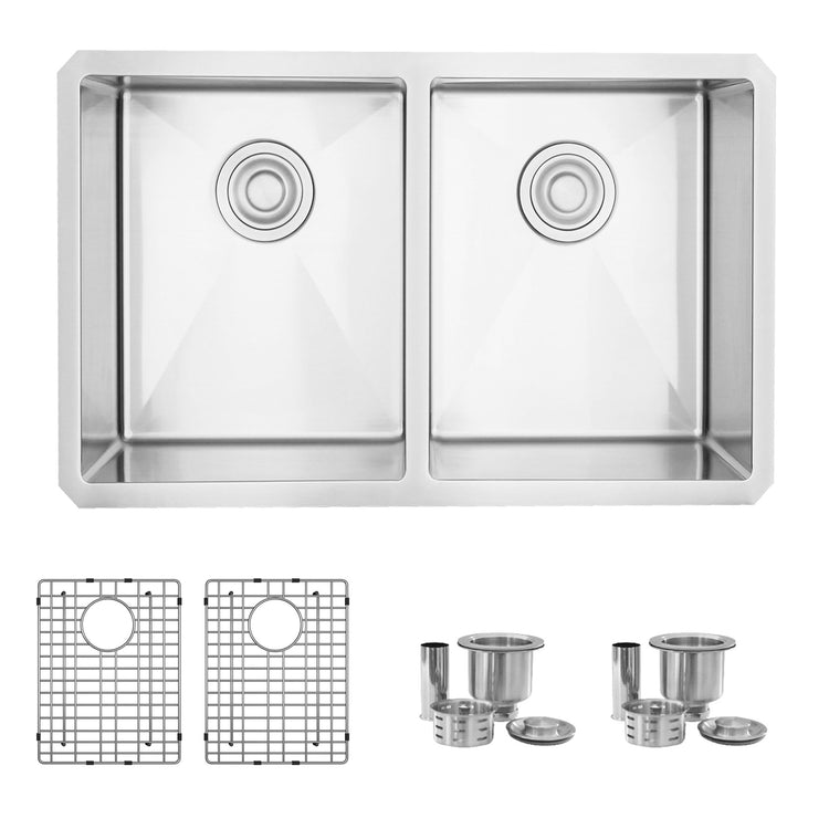 28 L x 18 W-inches Undermount Double Bowl 18 Gauge Stainless Steel Kitchen Sink with Grids Strainers