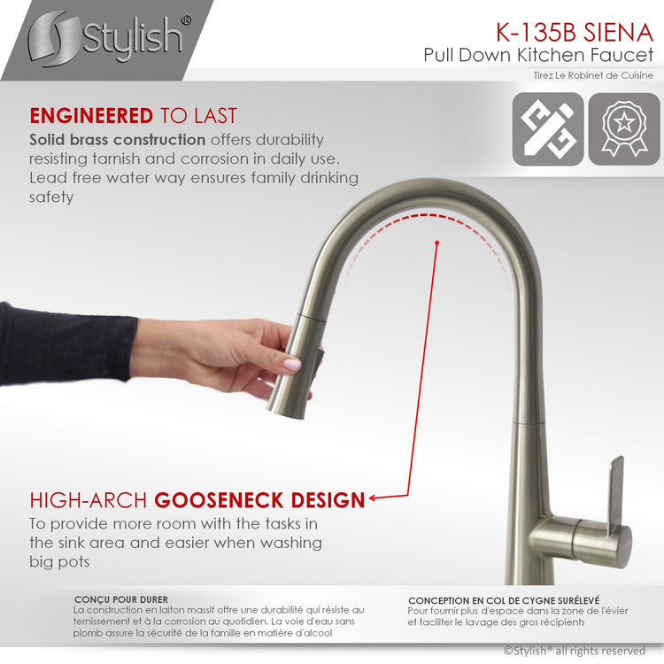 Stylish - Modern Single Handle Pull Down  Kitchen Faucet in Brushed Nickel