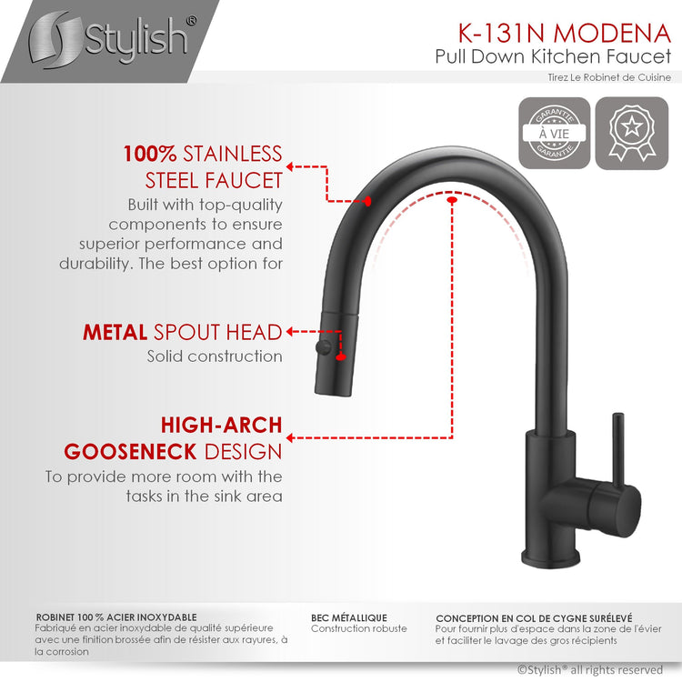 Stylish - Modern Single Handle  Pull down Sprayer  Kitchen Faucet in Matte Black Stainless Steel