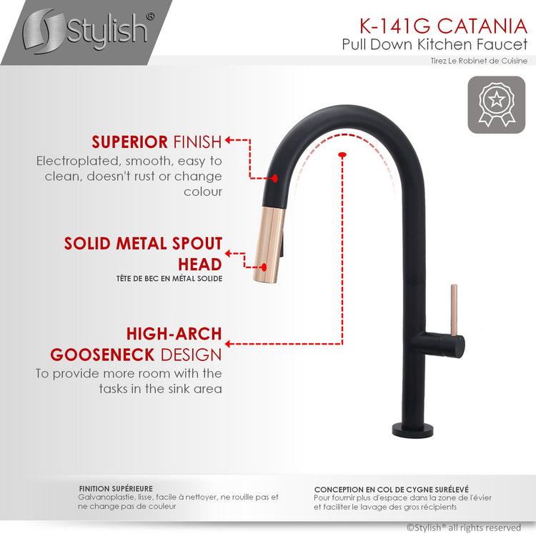 Stylish - Single Handle Pull Down Sprayer Kitchen Faucet in Matte Black/Gold Finish