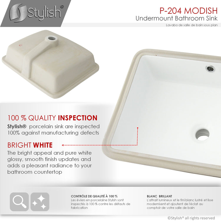 Porcelain Rectangular 20 inch Undermount Bathroom Sink with Overflow