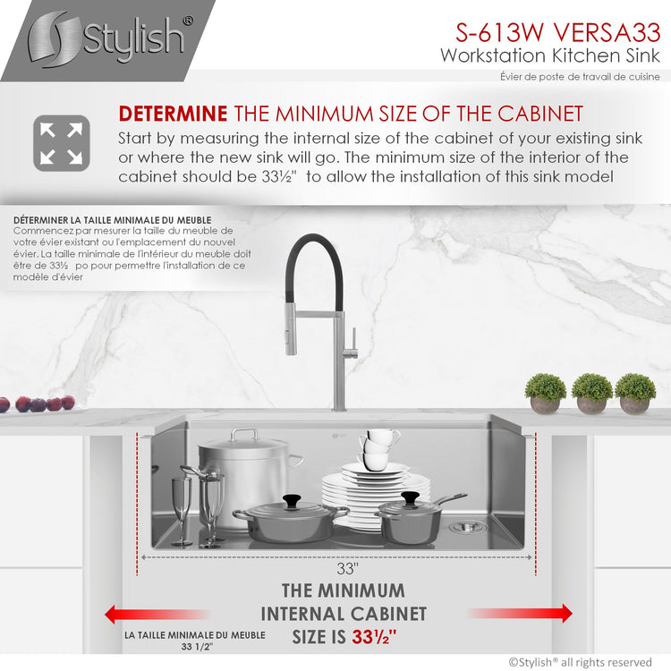 33 L x 19 W-inch Undermount Single Bowl 16G Kitchen Sink Workstation with Accessories Included