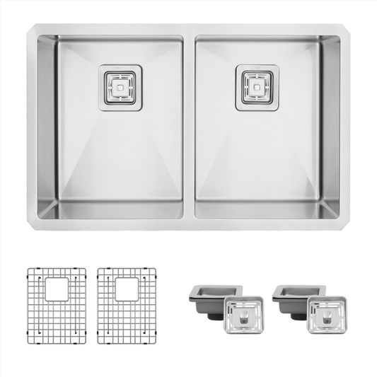 30L x 18W-inch Undermount Double Bowl 16G Stainless Steel Kitchen Sink with Grids  Square Strainers