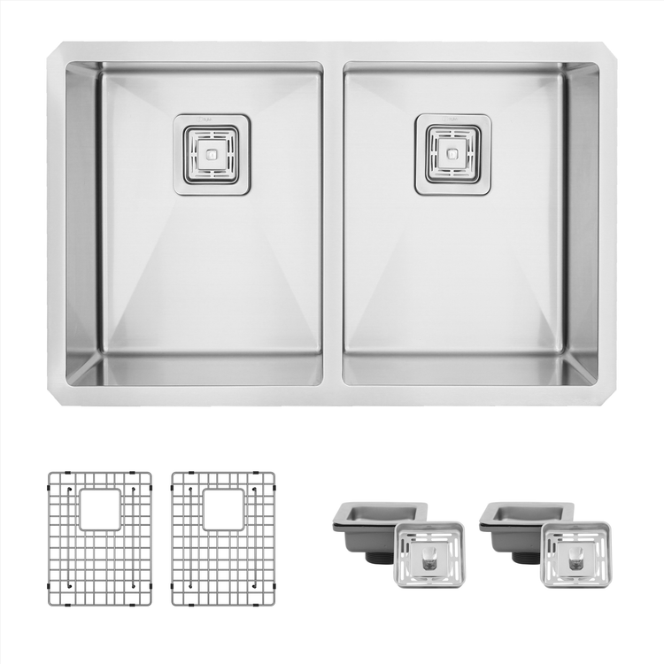 30L x 18W-inch Undermount Double Bowl 16G Stainless Steel Kitchen Sink with Grids  Square Strainers