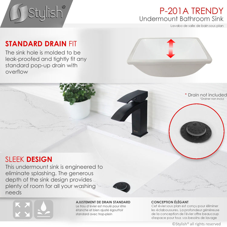 Porcelain Rectangular 18 inch Undermount Bathroom Sink with Matte Black Overflow