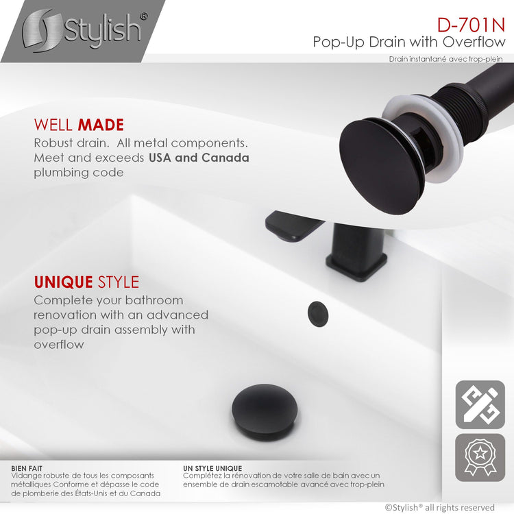 Vessel Sink Pop-Up Drain with Overflow in Matte Black Finish