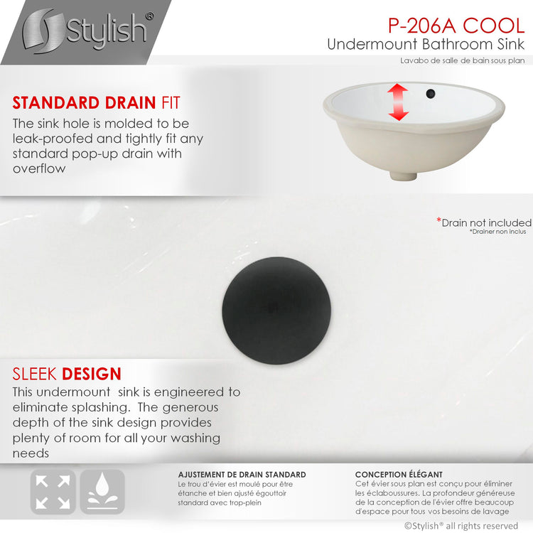 Porcelain Oval 19.5 inch Undermount Bathroom Sink with Matte Black Overflow