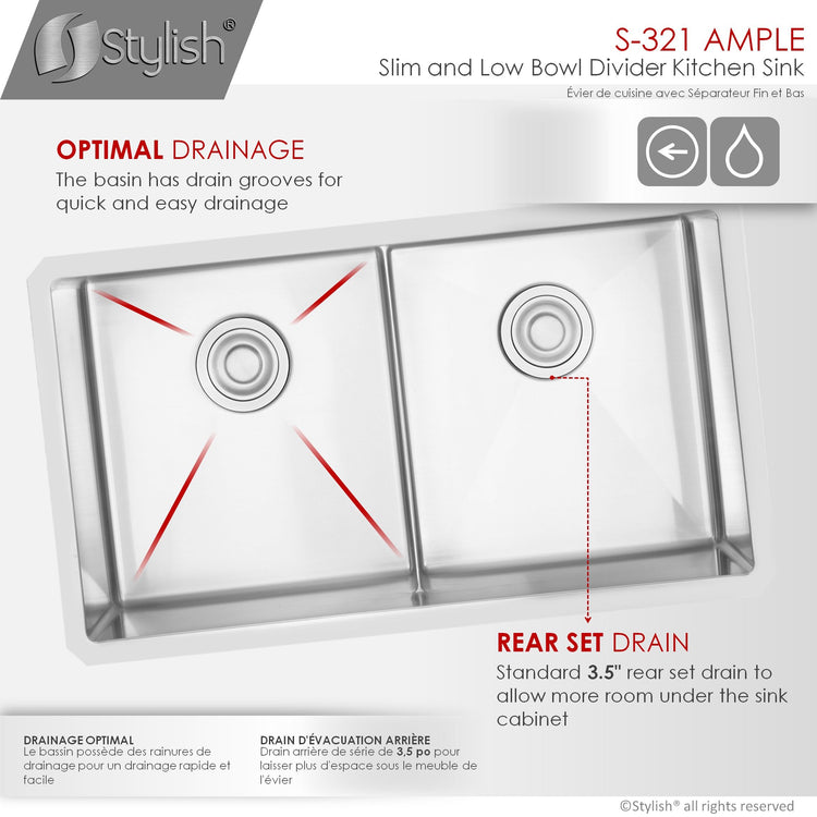 32 L x 18 W-inch Undermount Low Divider Double Bowl 50/50 16G Stainless Steel Sink  Grids, Strainers