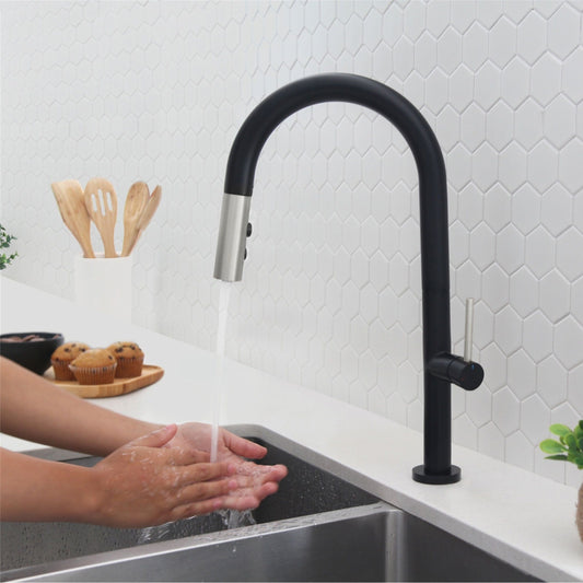 Stylish - Single Handle Pull Down Sprayer Kitchen Faucet in Matte Black/Silver Finish