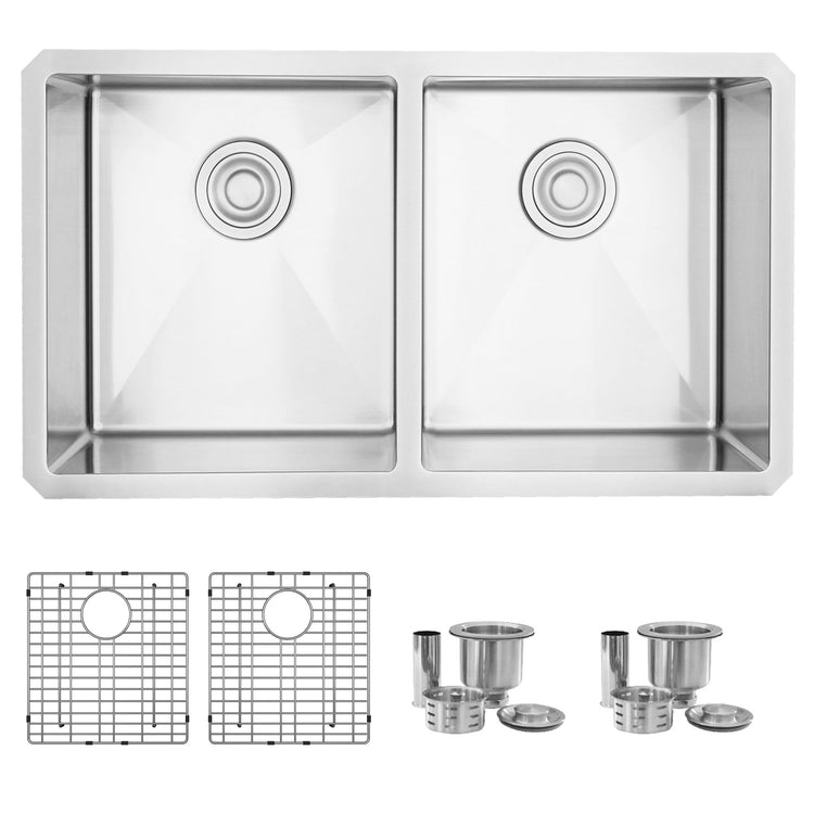 32 L x 18 W-inches Undermount Double Bowl 18G Stainless Steel Kitchen Sink with with Grids Strainers