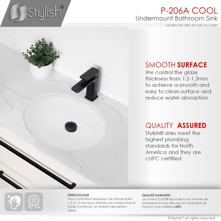 Porcelain Oval 19.5 inch Undermount Bathroom Sink with Matte Black Overflow