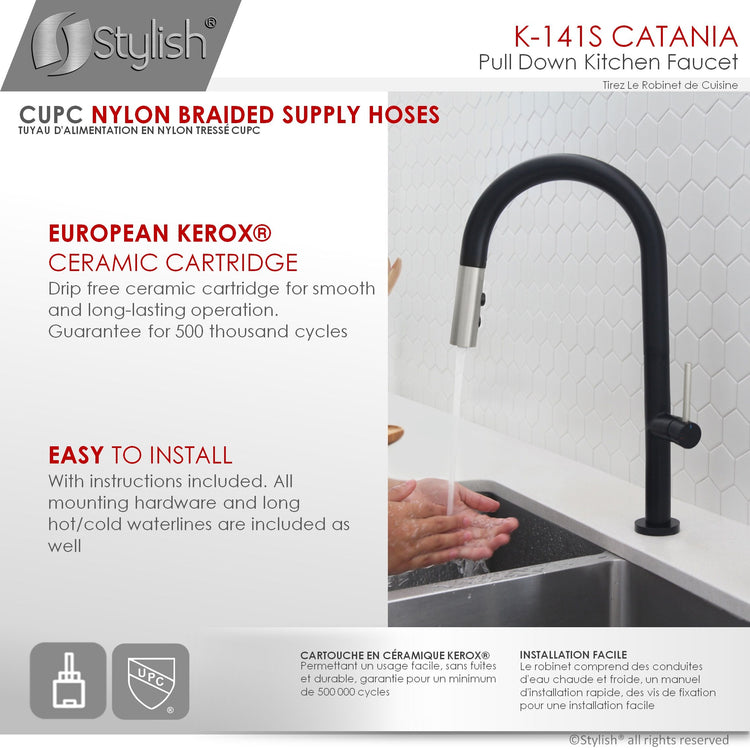 Stylish - Single Handle Pull Down Sprayer Kitchen Faucet in Matte Black/Silver Finish