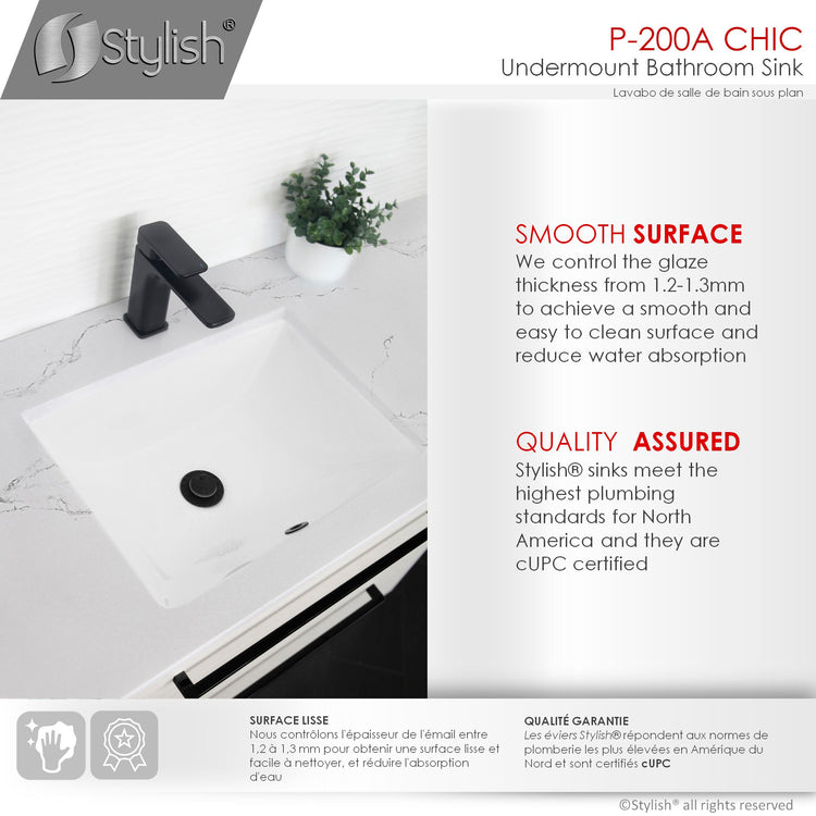 Porcelain Rectangular 20 3/4-inch Undermount Bathroom Sink with Matte Black Overflow