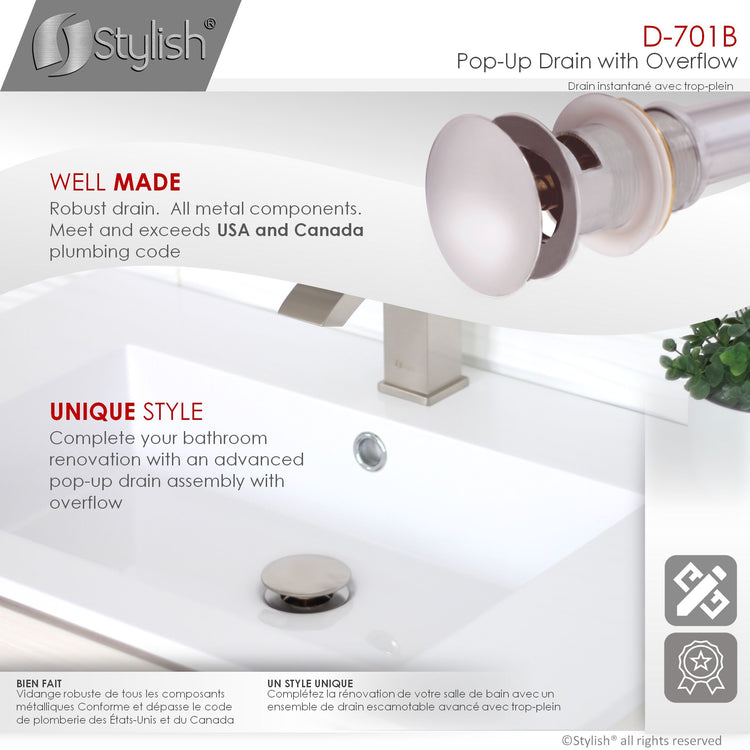 Vessel Sink Pop-Up Drain with Overflow in Brsuhed Nickel Finish