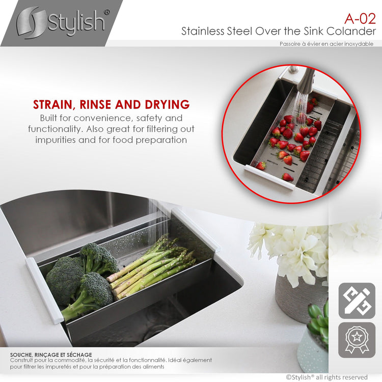 17-inch Stainless Steel Over the Sink Colander with Non-slip Handle, A-02