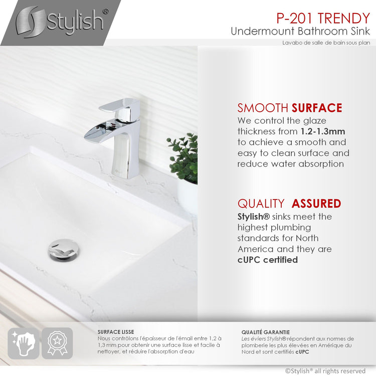 Porcelain Rectangular 18 inch Undermount Bathroom Sink with Overflow