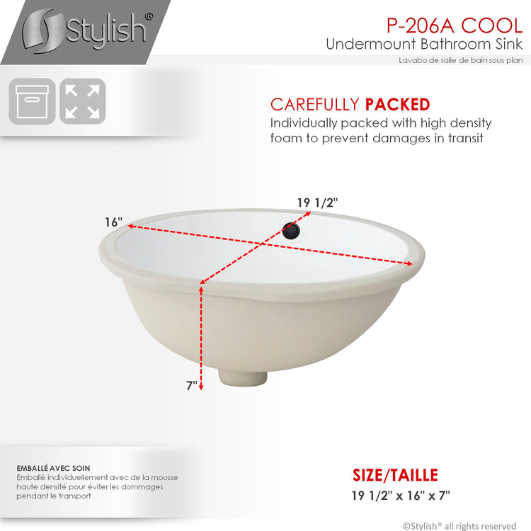 Porcelain Oval 19.5 inch Undermount Bathroom Sink with Matte Black Overflow