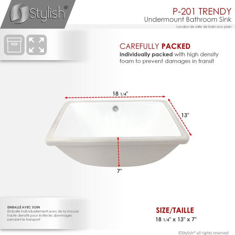 Porcelain Rectangular 18 inch Undermount Bathroom Sink with Overflow