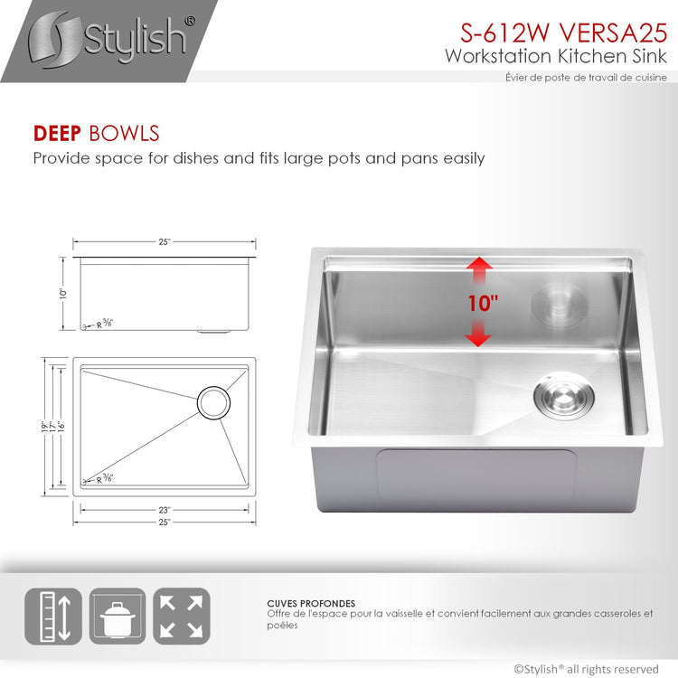 25 L x 19 W-inch Undermount Single Bowl 16G Kitchen Sink Workstation with Accessories Included