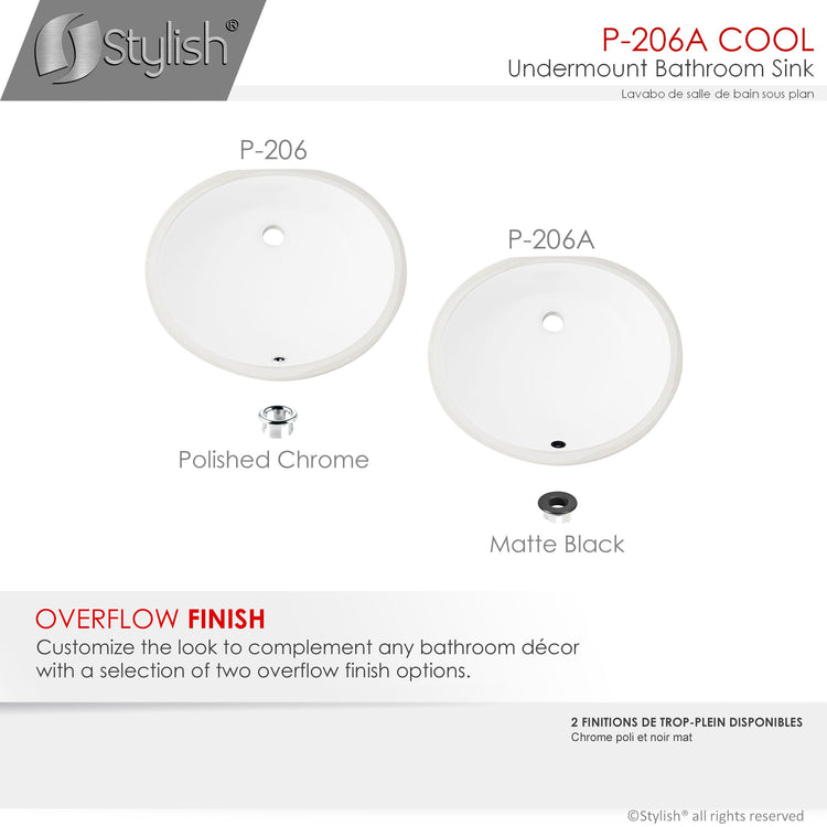 Porcelain Oval 19.5 inch Undermount Bathroom Sink with Matte Black Overflow