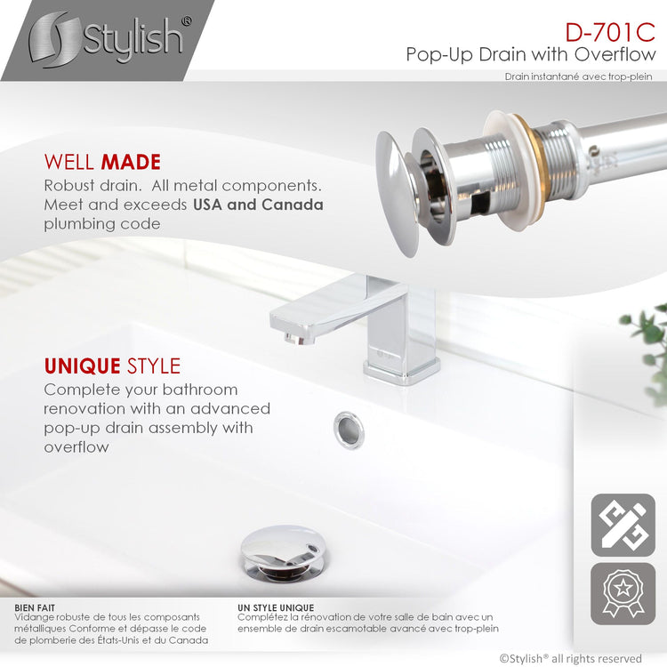 Vessel Sink Pop-Up Drain with Overflow in Polished Chrome Finish