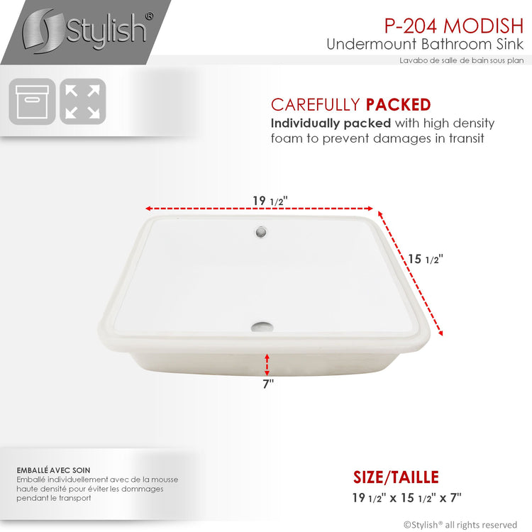 Porcelain Rectangular 20 inch Undermount Bathroom Sink with Overflow