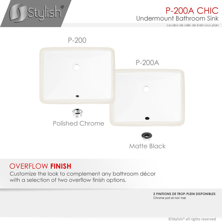 Porcelain Rectangular 20 3/4-inch Undermount Bathroom Sink with Matte Black Overflow