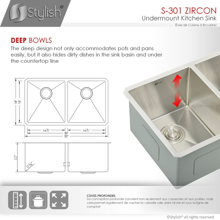 32 L x 18 W-inches Undermount Double Bowl 18G Stainless Steel Kitchen Sink with with Grids Strainers