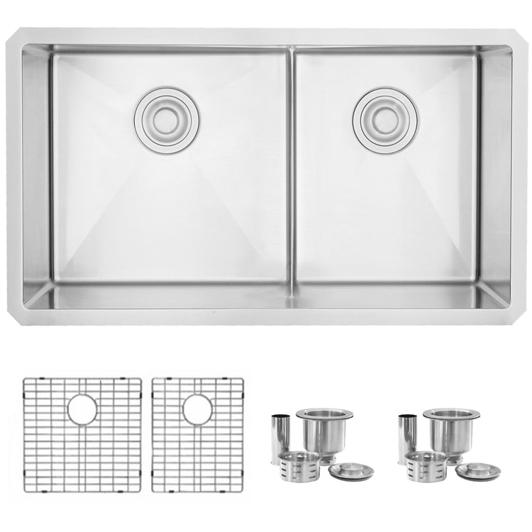 32L x 18W-inch Undermount Low Divider Double Bowl 60/40 16G Stainless Steel Sink  Grids, Strainers