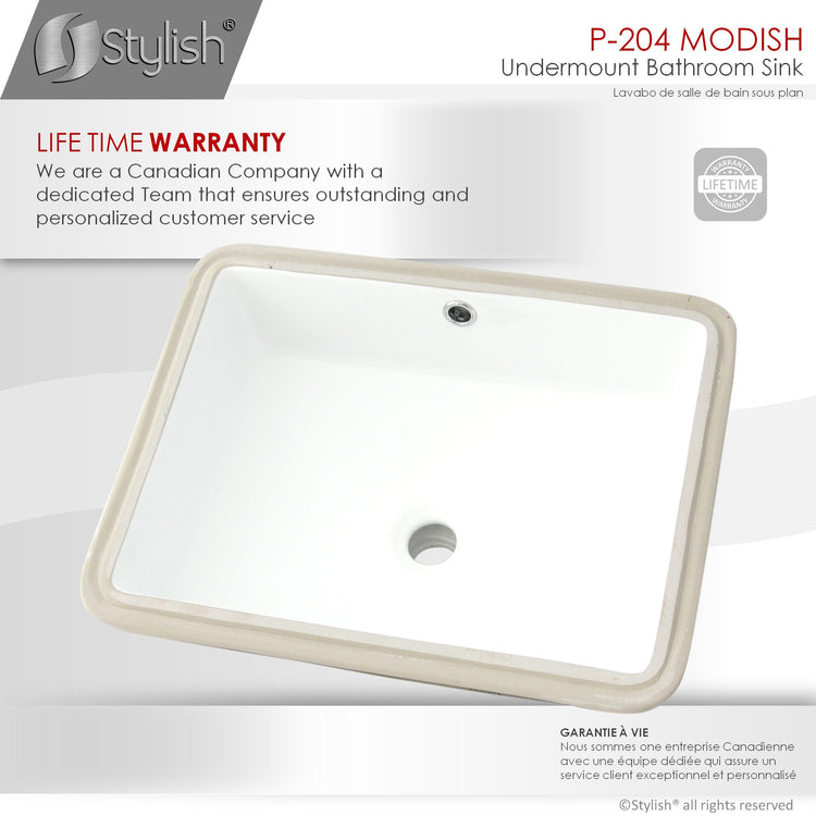 Porcelain Rectangular 20 inch Undermount Bathroom Sink with Overflow