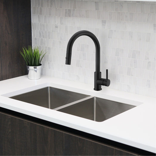 Stylish - Modern Single Handle  Pull down Sprayer  Kitchen Faucet in Matte Black Stainless Steel