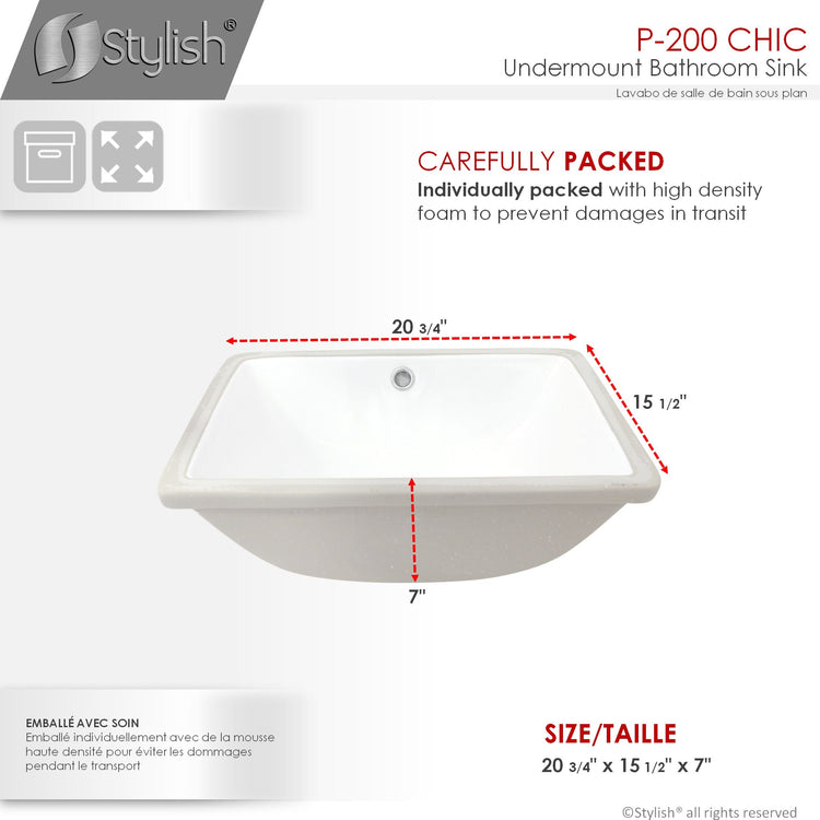 Porcelain Rectangular 20.75 inch Undermount Bathroom Sink with Overflow