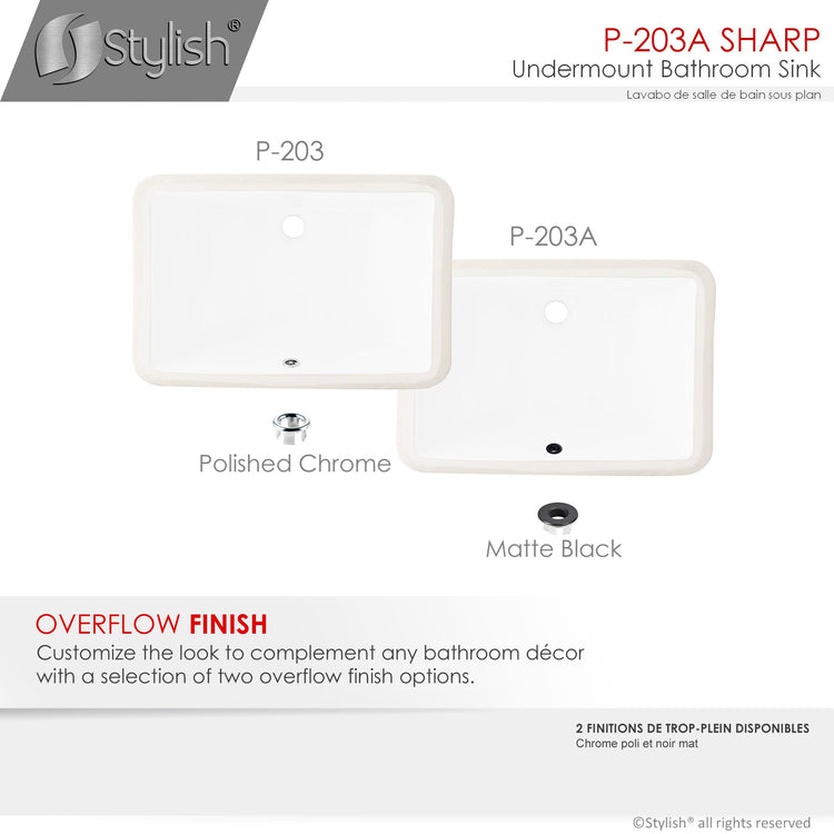 Porcelain Rectangular 21 inch Undermount Bathroom Sink with Matte Black Overflow