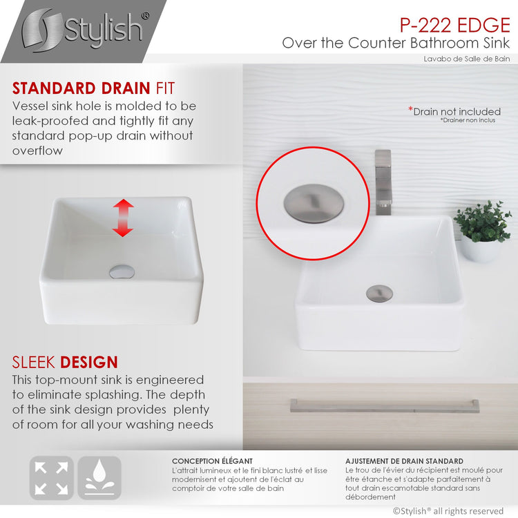 Porcelain Square 15 inch TopMounted Vessel Bathroom Sink