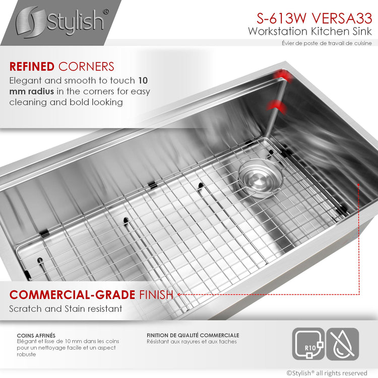 33 L x 19 W-inch Undermount Single Bowl 16G Kitchen Sink Workstation with Accessories Included