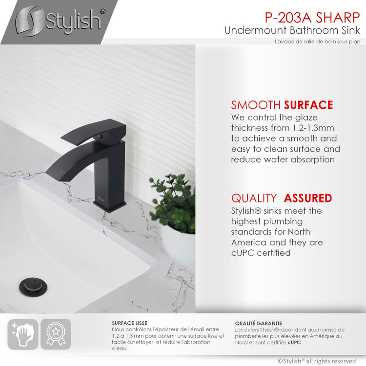 Porcelain Rectangular 21 inch Undermount Bathroom Sink with Matte Black Overflow